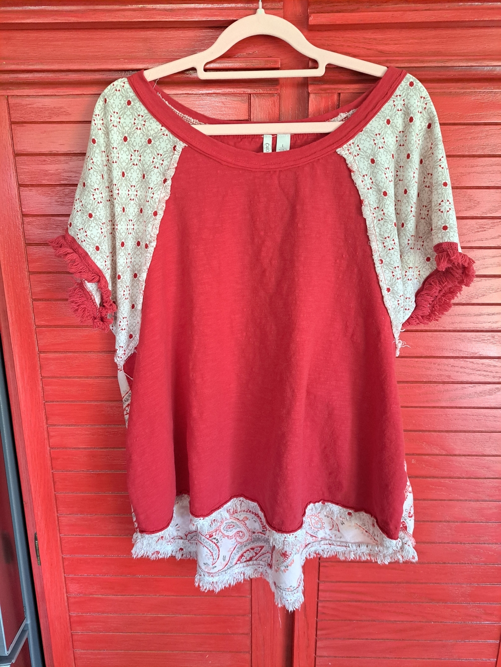 Cato Multi Fabric Slub Fringed Red/paisley Print Large Boho Tee Shirt Cotton